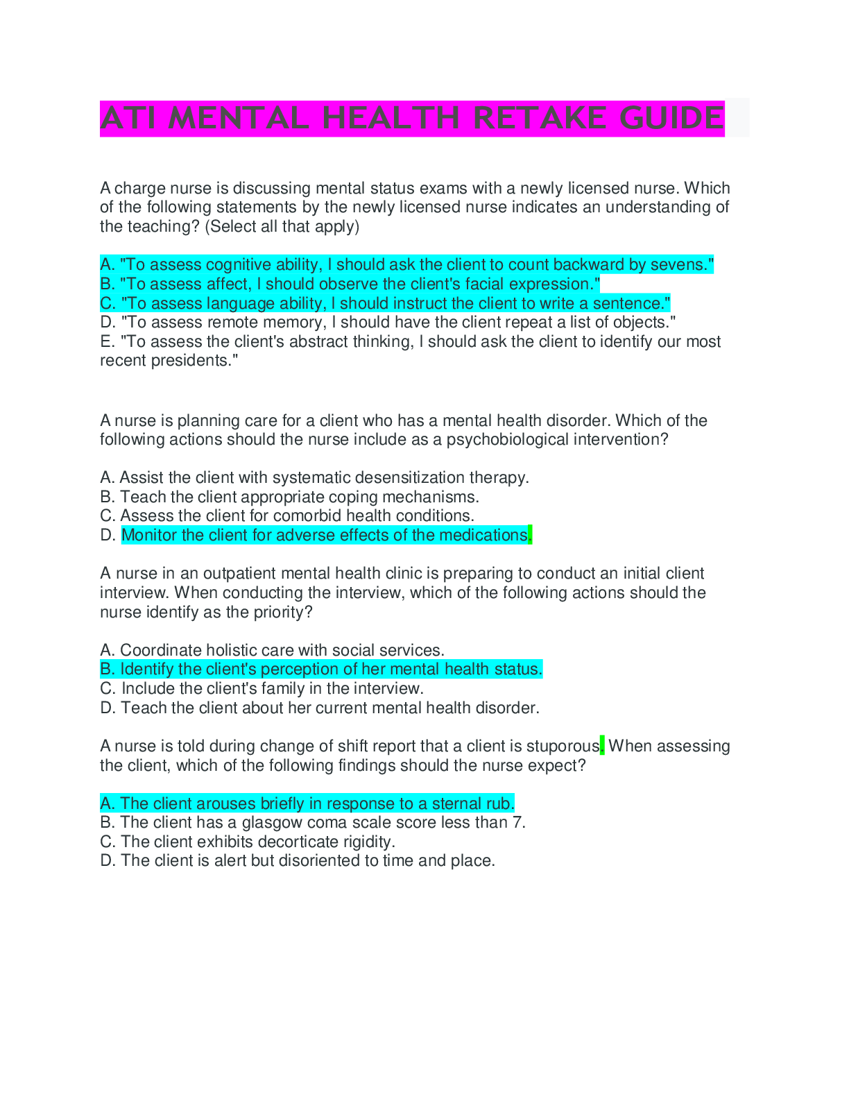 Preview image for ATI MENTAL HEALTH RETAKE GUIDE